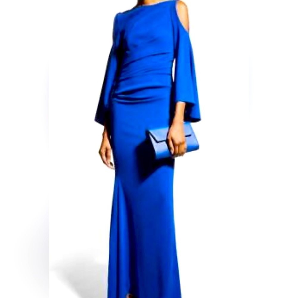 Talbot Runhof Women's Blue Bogdan Cold-Shoulder Draped Gown Dress Size $2475